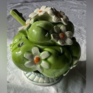 Vintage Inarco Green Ceramic Apple and Daisy Sugar Bowl with lid and spoon